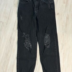 Distressed Black Denim High Rise Mom Jeans